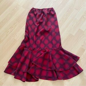 Handmade Tiered Midi Skirt Dark Red and Black Geometric Mermaid Ruffle XS Small